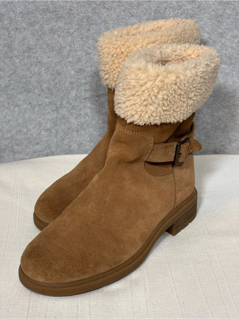 UGG Harrison Cuff Shearling Lined Suede Boots-Chestnut Brown/Cream-Women Size 10